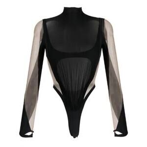MUGLER Panelled Long Sleeve Illusion Mesh Cut Out Bodysuit Top